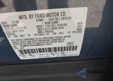 2021 Ford Explorer Xlt из США, поврежденный, VIN 1FMSK7DH4MGA11247